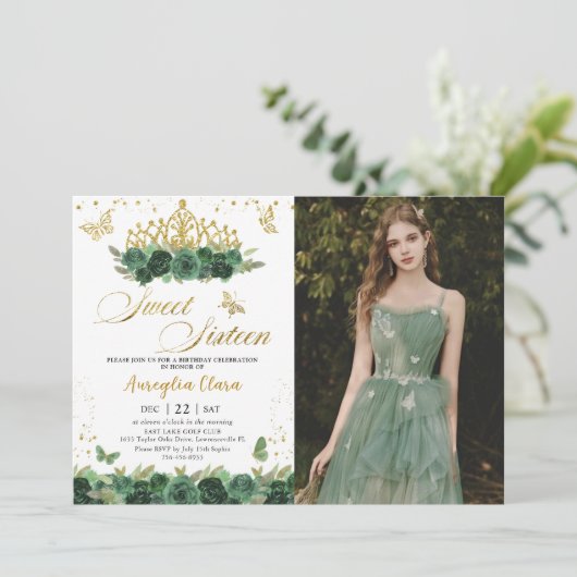 Sage Groen Bloemen Goud Zoet Zestien 16 Verjaardag Kaart (Staand voorkant)