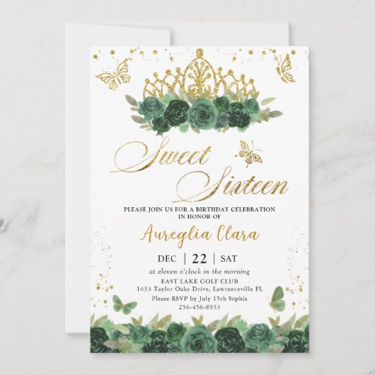 Sage Groen Bloemen Goud Zoet Zestien 16 Verjaardag Kaart (Voorkant)