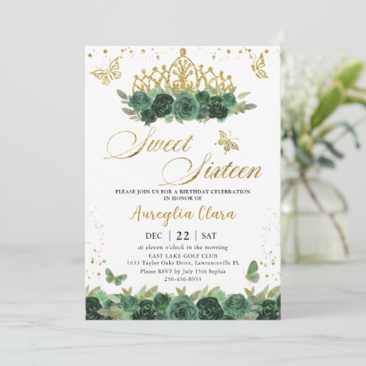 Sage Groen Bloemen Goud Zoet Zestien 16 Verjaardag Kaart (Staand voorkant)