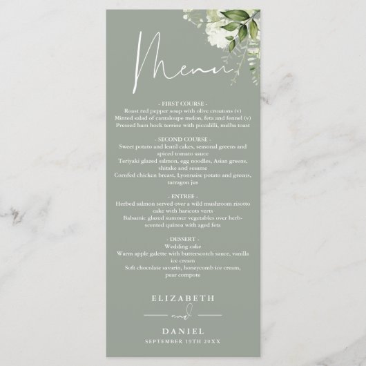 Sage Groen Bloemen Groen Monogram Bruiloft Diner Menu (Voorkant)