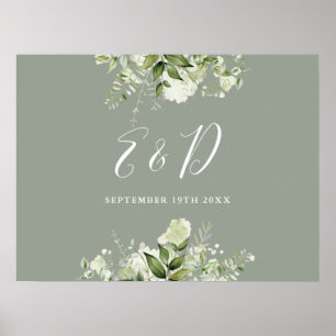 Sage Groen Bloemen Groen Monogram Teken Poster