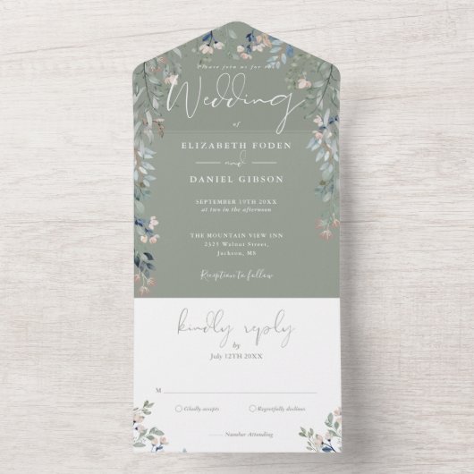 Sage Groen Bloemen Groen Script Bruiloft All In One Uitnodiging (Binnen)