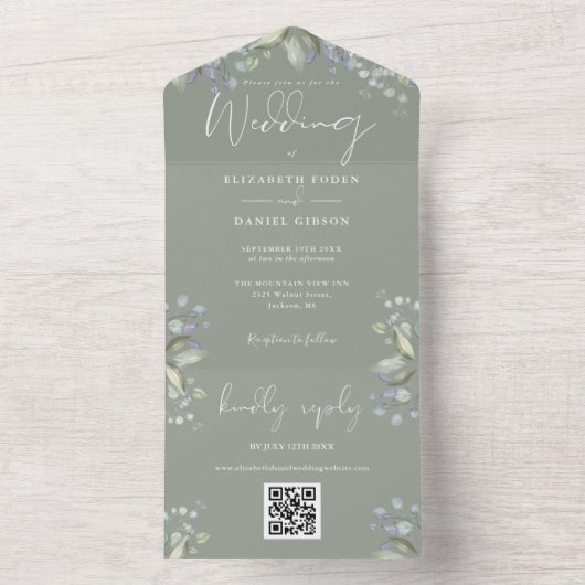 Sage Groen Bloemen Groen Script QR Code Bruiloft All In One Uitnodiging (Binnen)