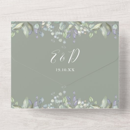 Sage Groen Bloemen Groen Script QR Code Bruiloft All In One Uitnodiging (Achterkant)