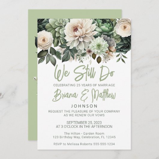 Sage Groen Bloemen Huwelijk Gelofte Vernieuwing Kaart (Voorkant / Achterkant)