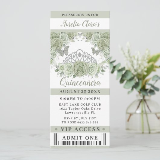 Sage Groen Bloemen Kroon Quinceañera VIP Ticket Kaart (Staand voorkant)