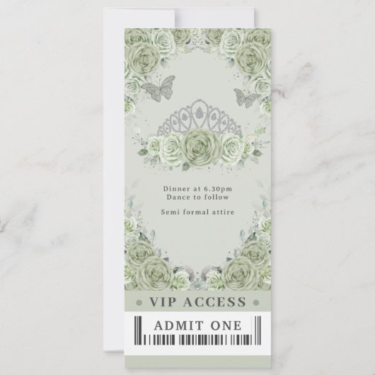 Sage Groen Bloemen Kroon Quinceañera VIP Ticket Kaart (Achterkant)