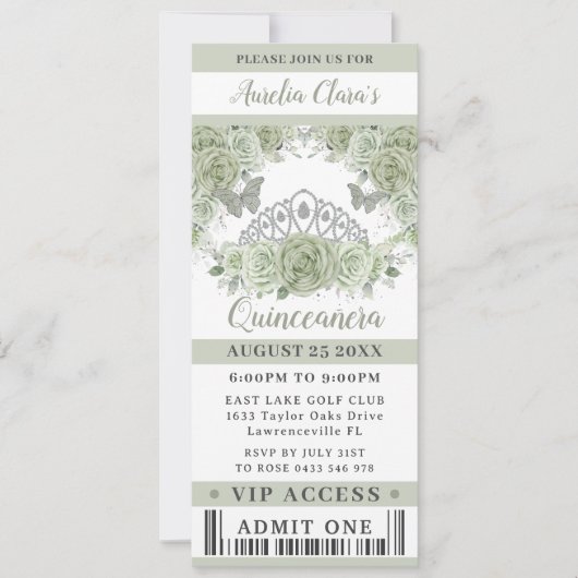 Sage Groen Bloemen Kroon Quinceañera VIP Ticket Kaart (Voorkant)