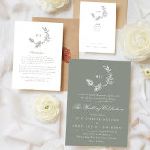 Sage Groen Bloemen Monogram Schetste Krans Bruilof RSVP Kaartje