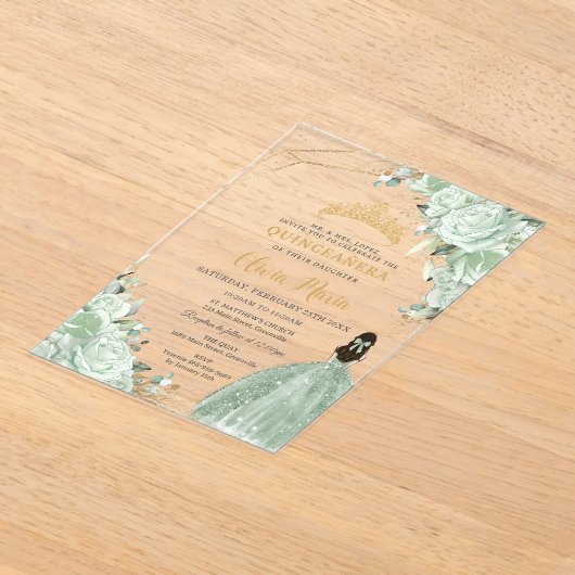 Sage Groen Bloemen Prinses Jurk Goud Quinceañera Acryl Uitnodigingen (Laagn)