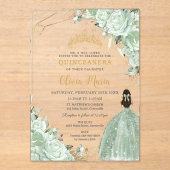 Sage Groen Bloemen Prinses Jurk Goud Quinceañera Acryl Uitnodigingen (Voorkant)