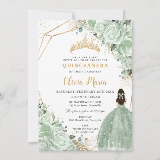 Sage Groen Bloemen Prinses Jurk Goud Quinceañera Kaart (Voorkant)