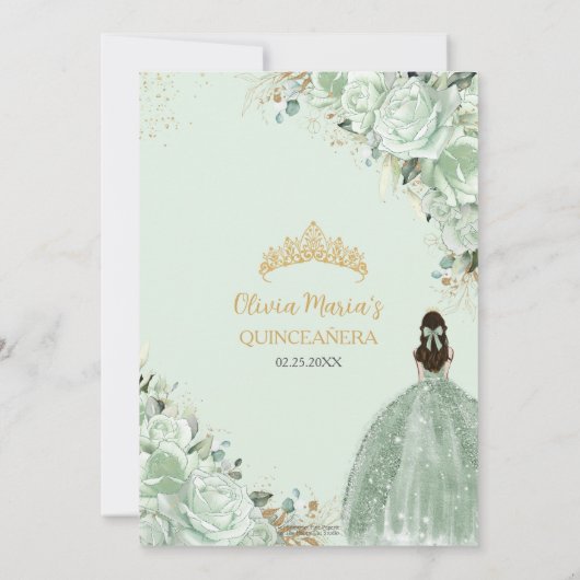 Sage Groen Bloemen Prinses Jurk Goud Quinceañera Kaart (Achterkant)