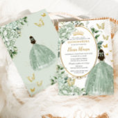 Sage Groen Bloemen Prinses Jurk Goud Quinceañera Kaart