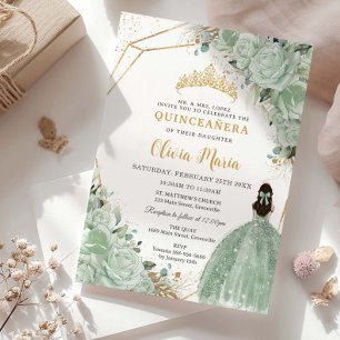 Sage Groen Bloemen Prinses Jurk Goud Quinceañera Kaart