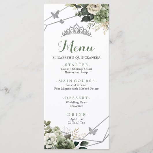 Sage Groen Bloemen Prinses Quinceañera 15e Menu (Voorkant)