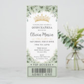 Sage Groen Bloemen Roos Goud Quinceañera VIP Ticke Kaart (Staand voorkant)