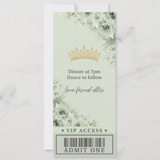 Sage Groen Bloemen Roos Goud Quinceañera VIP Ticke Kaart (Achterkant)