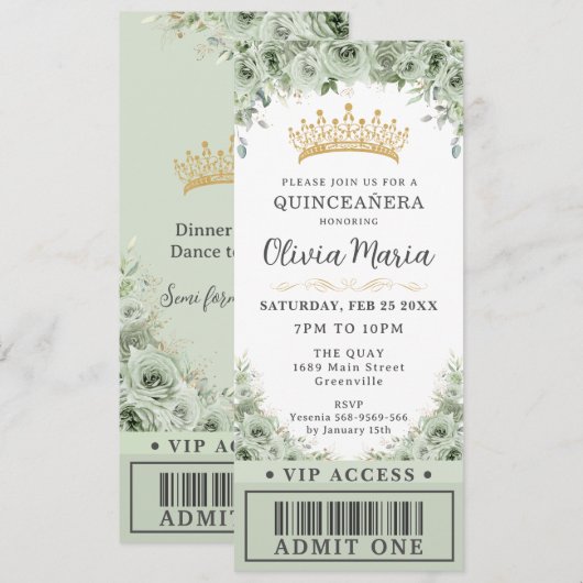 Sage Groen Bloemen Roos Goud Quinceañera VIP Ticke Kaart (Voorkant / Achterkant)