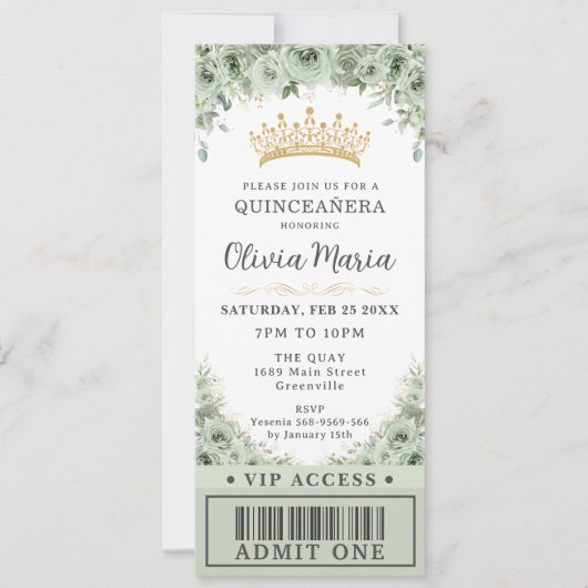 Sage Groen Bloemen Roos Goud Quinceañera VIP Ticke Kaart (Voorkant)