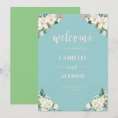 Sage Groen Bloemen Roze Huwelijk Welkom Teken Kaart (Voorkant / Achterkant)