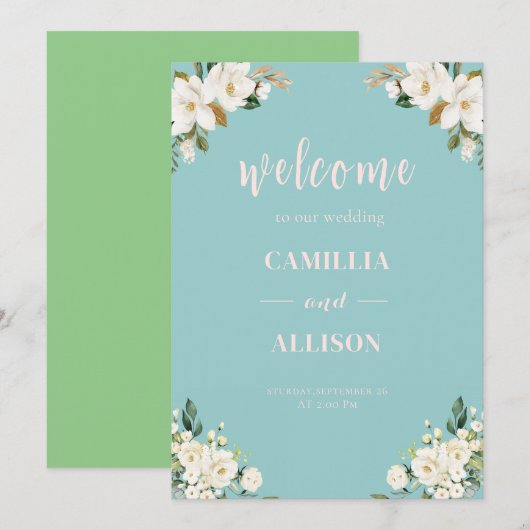 Sage Groen Bloemen Roze Huwelijk Welkom Teken Kaart (Voorkant / Achterkant)