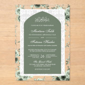 Sage Groen Bloemen Wit Kant Boog Moslim Bruiloft Acryl Uitnodigingen (Voorkant)