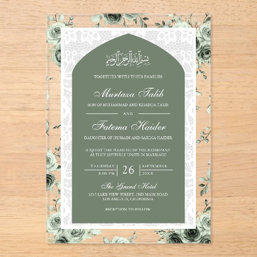 Sage Groen Bloemen Wit Kant Boog Moslim Bruiloft Acryl Uitnodigingen (Voorkant)