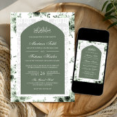 Sage Groen Bloemen Wit Kant Boog Moslim Bruiloft Kaart