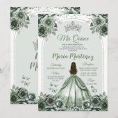 Sage Groen Bloemen Zilver Kroon Prinses Mis Quince Kaart (Voorkant / Achterkant)