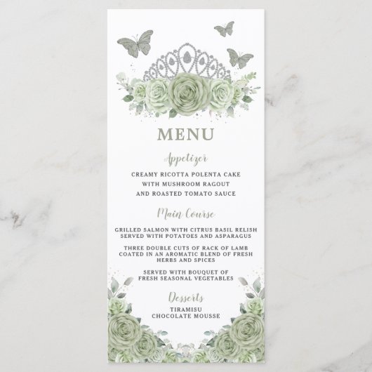 Sage Groen Bloemen Zilver Quinceanera Verjaardagsm Programmakaart (Voorkant)