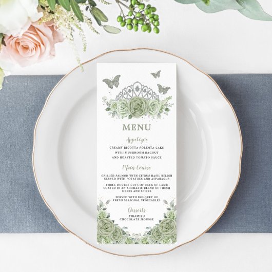 Sage Groen Bloemen Zilver Quinceanera Verjaardagsm Programmakaart