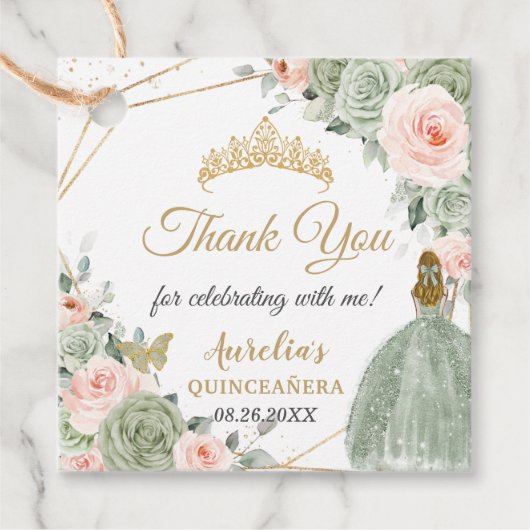 Sage Groen Blush Bloemen Blond Meisje Quinceañera Bedankjes Labels (Voorkant)