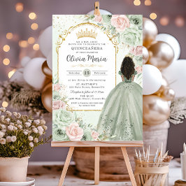 Sage Groen Blush Bloemen Bruin Meisje Quinceañera Kaart