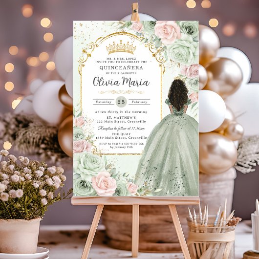 Sage Groen Blush Bloemen Bruin Meisje Quinceañera Kaart