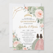 Sage Groen Blush Bloemen Goud Quinceañera Twins Kaart (Voorkant)