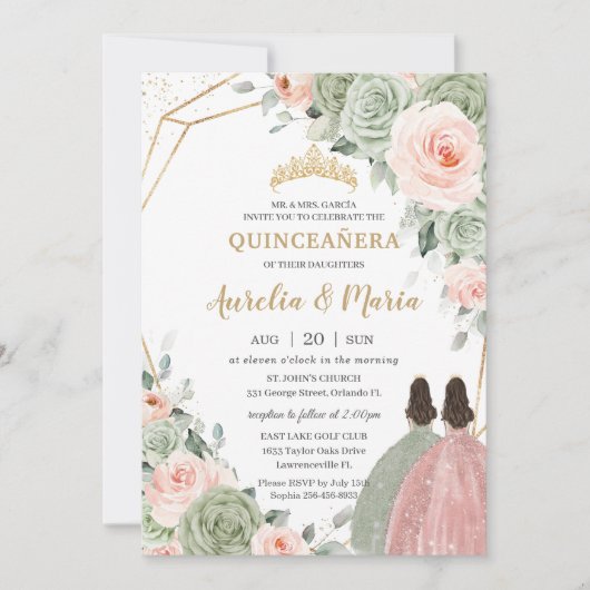 Sage Groen Blush Bloemen Goud Quinceañera Twins Kaart (Voorkant)