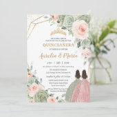 Sage Groen Blush Bloemen Goud Quinceañera Twins Kaart (Staand voorkant)