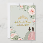 Sage Groen Blush Bloemen Goud Quinceañera Twins Kaart (Achterkant)