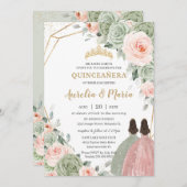 Sage Groen Blush Bloemen Goud Quinceañera Twins Kaart (Voorkant / Achterkant)