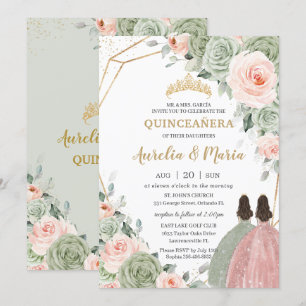 Sage Groen Blush Bloemen Goud Quinceañera Twins Kaart