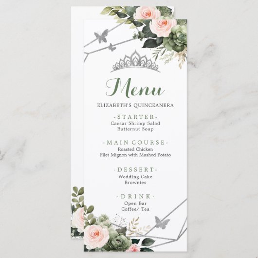 Sage Groen Blush Bloemen Meisje XV Años Verjaardag Menu (Voorkant / Achterkant)