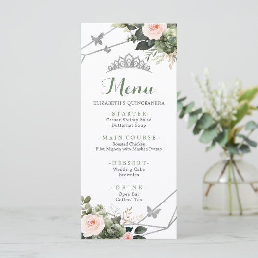 Sage Groen Blush Bloemen Meisje XV Años Verjaardag Menu (Staand voorkant)