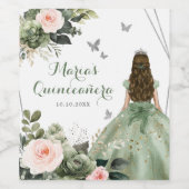 Sage Groen Blush Bloemen Prinses XV Años Wijn Etiket (Enkel label)