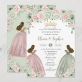 Sage Groen Blush Bloemen Tweeling Meisjes Quinceañ Kaart (Voorkant / Achterkant)