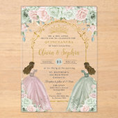 Sage Groen Blush Bloemen Tweelingen Goud Quinceañe Acryl Uitnodigingen (Voorkant)
