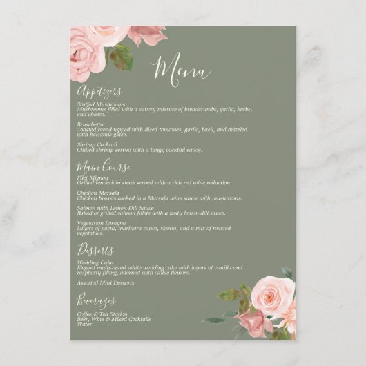 Sage Groen & Blush Roze Bloemen Bruiloft Diner Menu (Voorkant)