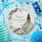 Sage Groen Blush Roze Bloemen Prinses XV Años Papieren Bordje (Feest)