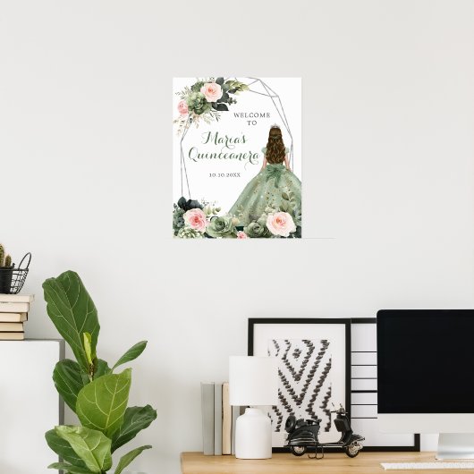 Sage Groen Blush Roze Bloemen Quinceañera Welkom Poster (Thuiskantoor)