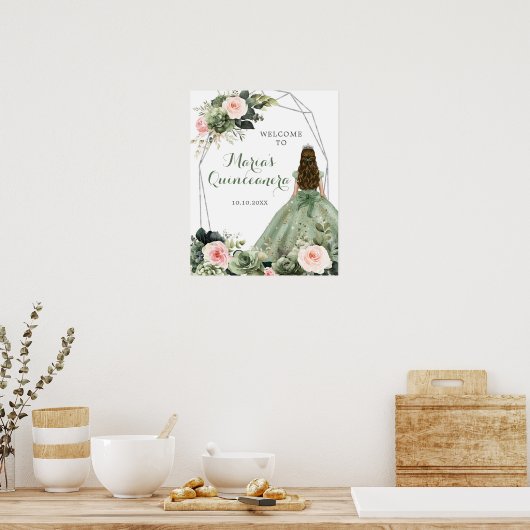 Sage Groen Blush Roze Bloemen Quinceañera Welkom Poster (Keuken)